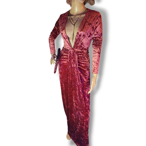 Cranberry Crushed Velvet S Tall Maxi Dress Holiday Gown Red Carpet Wedding - Picture 2 of 7